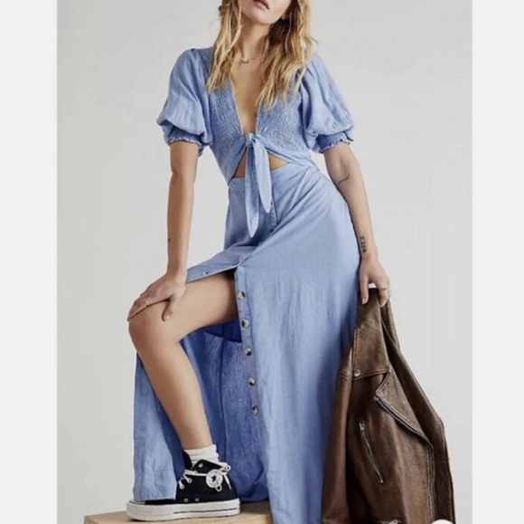 Free People String of Hearts Smocked V-neck Cut-out Button-Down Maxi Dre… - Picture 2 of 14